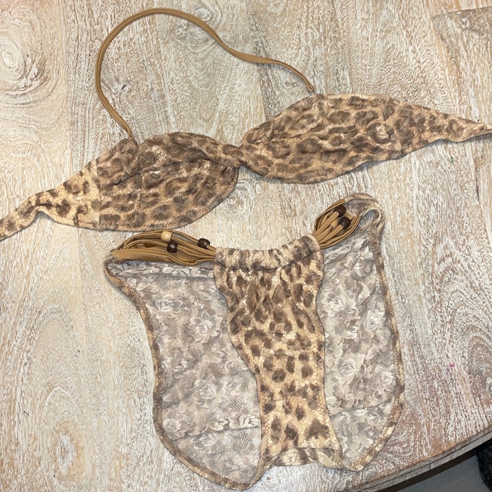 90’s Juice by Hot Colors bikini  high waisted tan brown back beaded bikini.